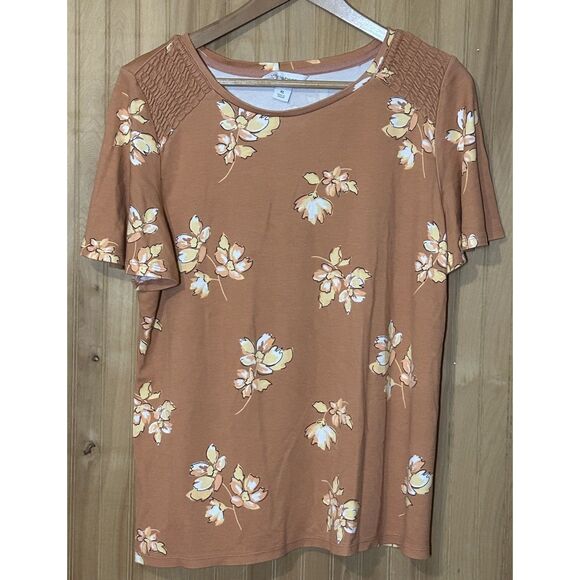Liz Claiborne Womens Size XL Blouse Short Sleeve Knit Fabric Orange Floral - Picture 1 of 4